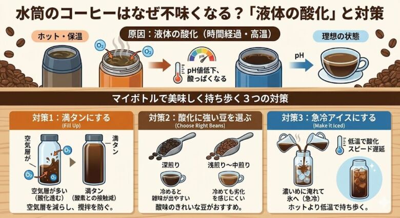 水筒のコーヒーはなぜ不味くなる？「液体の酸化」