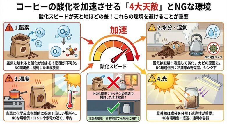 コーヒーの酸化を加速させる「4大天敵」とNGな環境