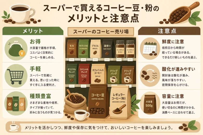 スーパーで買えるコーヒー豆・粉のメリットと注意点