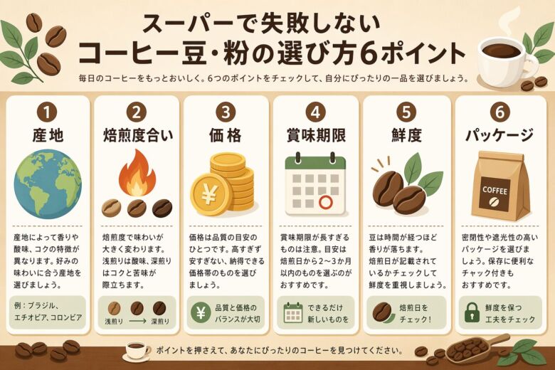 スーパーで失敗しないコーヒー豆・粉の選び方6ポイント