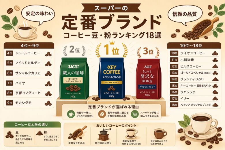 定番ブランドのスーパーコーヒー豆・粉ランキング18選