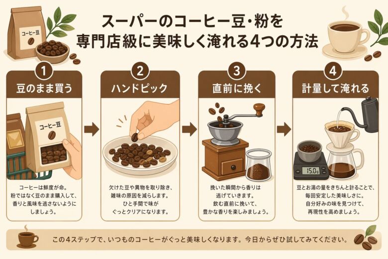 スーパーのコーヒーを専門店級に淹れる4つの方法