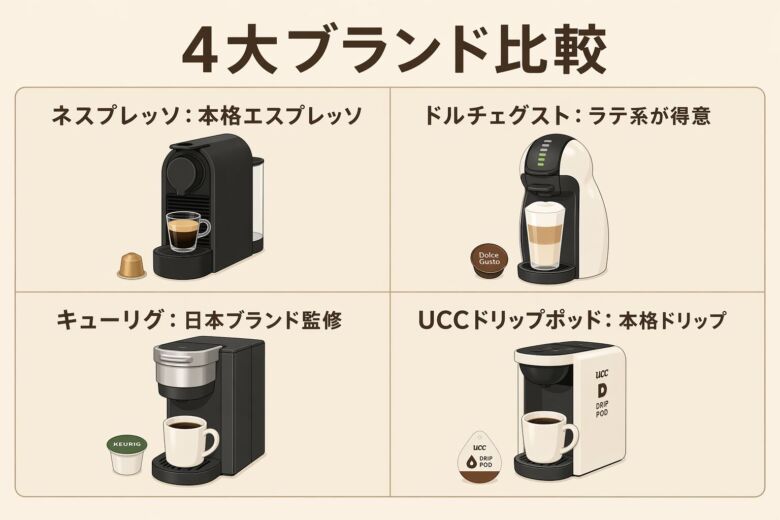 ネスプレッソ・ドルチェグスト・キューリグ・UCCドリップポッド 4大ブランド比較