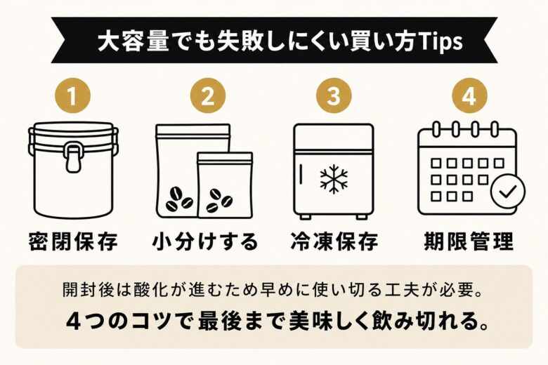 コストコ会員向け大容量コーヒー豆の買い方Tips（密閉/小分け/冷凍/期限管理）