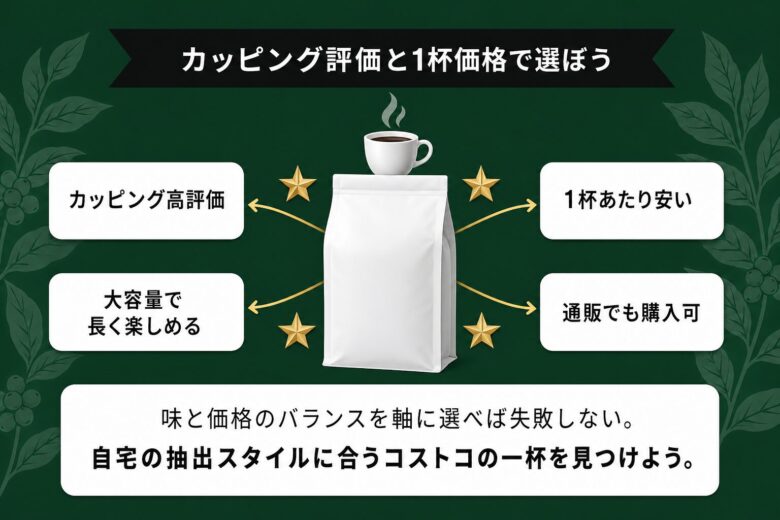 コストコのコーヒー豆はカッピング評価と1杯価格で選ぼうのまとめ
