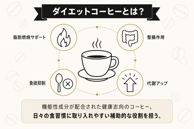 ダイエットコーヒーの効果解説図（脂肪燃焼/整腸/食欲抑制/代謝アップ）