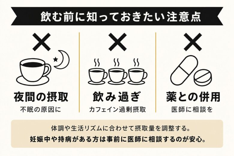 ダイエットコーヒーを飲む際の注意点（夜間の摂取/飲み過ぎ/薬との併用）