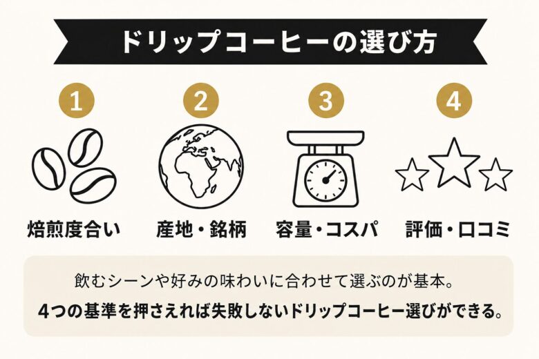 ドリップコーヒーの選び方4つの基準（焙煎度合い/産地・銘柄/容量・コスパ/評価・口コミ）