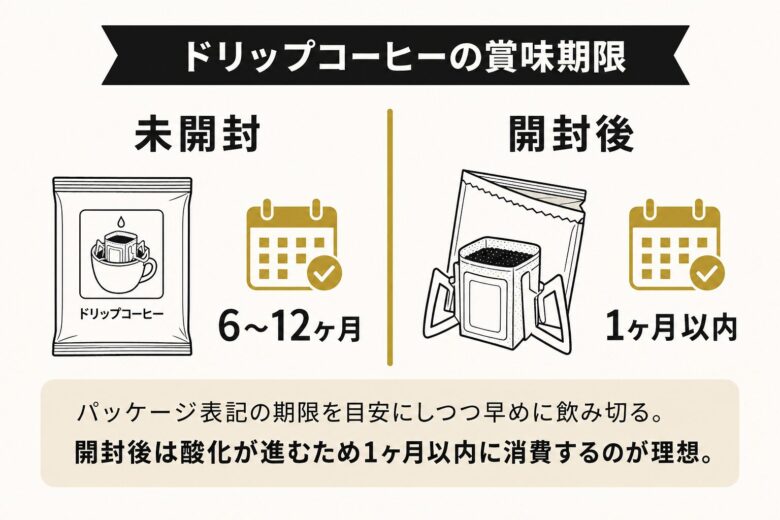 ドリップコーヒーの賞味期限（未開封6〜12ヶ月／開封後1ヶ月）の目安