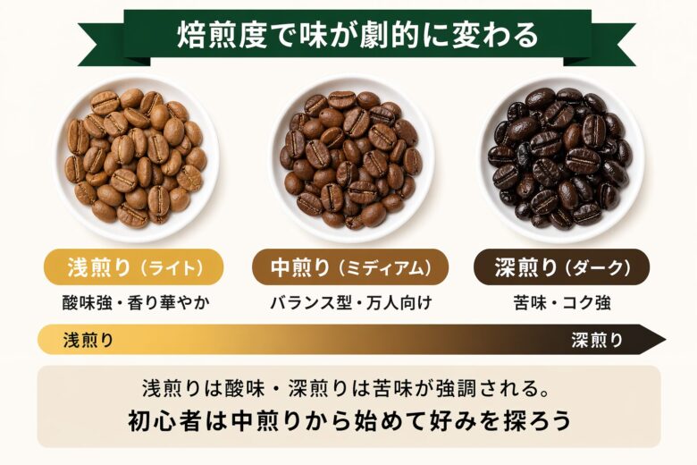 コーヒー豆焙煎度3段階比較