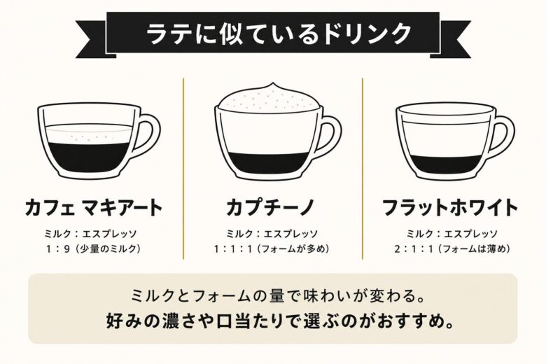 スターバックスラテと似ているドリンク（マキアート・カプチーノ・フラットホワイト）の比較図