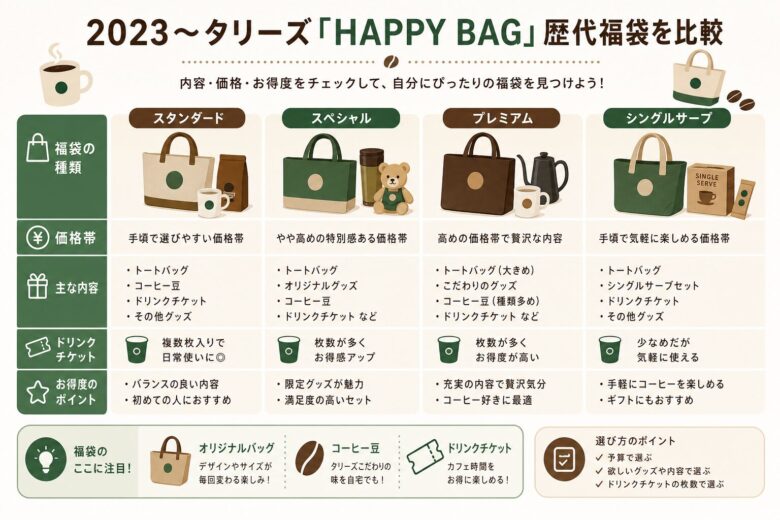 2023〜2026年タリーズ「HAPPY BAG」歴代福袋を比較
