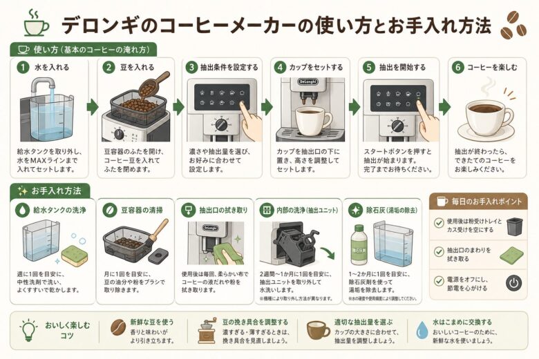 デロンギのコーヒーメーカーの使い方とお手入れ方法