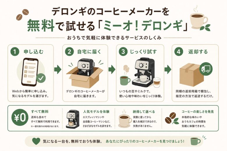 デロンギのコーヒーメーカーを無料で試せる「ミーオ！デロンギ」