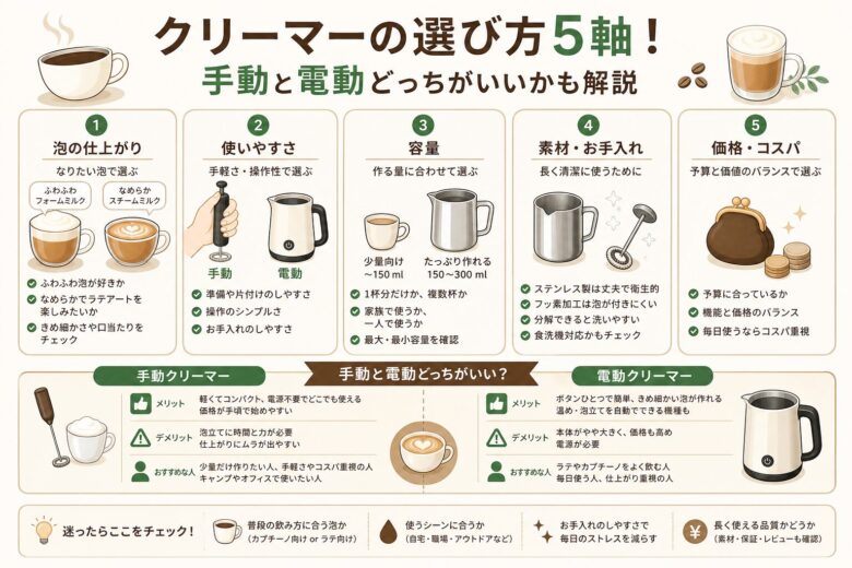 クリーマーの選び方5軸!手動と電動どっちがいいかも解説