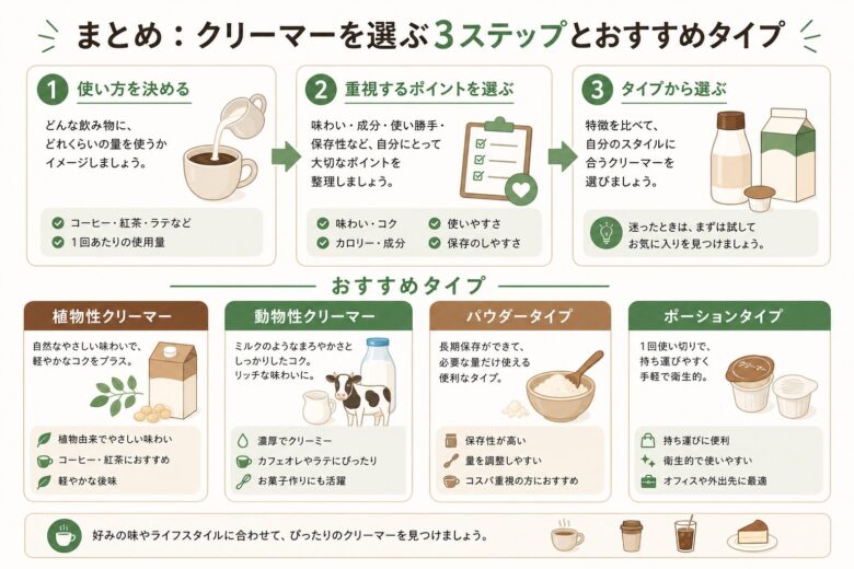 まとめ:クリーマーを選ぶ3ステップとおすすめタイプ