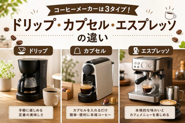 コーヒーメーカーは3タイプ！ドリップ・カプセル・エスプレッソの違い