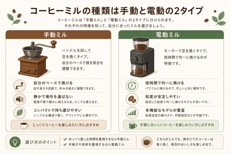 コーヒーミルの種類は手動と電動の2タイプ