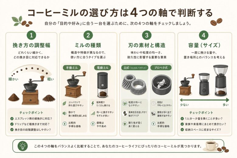 コーヒーミルの選び方は4つの軸で判断する