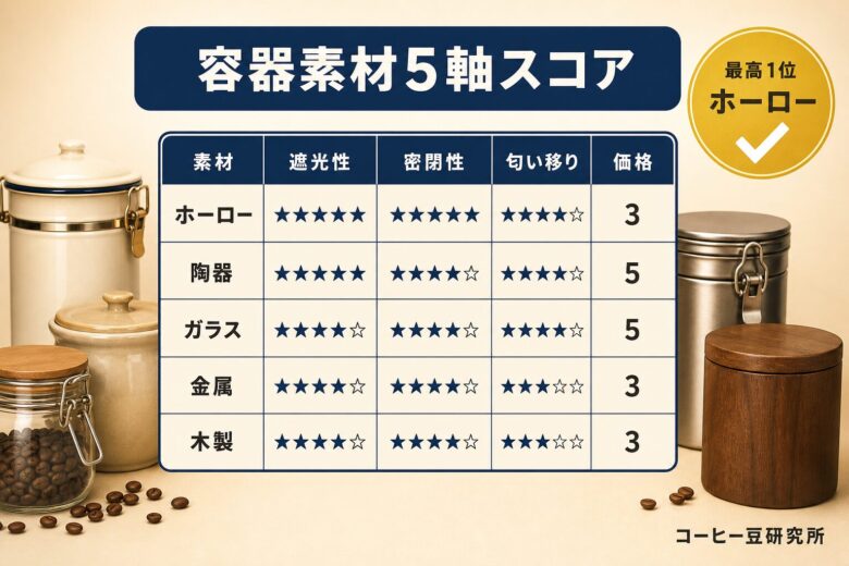 コーヒー豆の保存容器を素材別5軸でスコア比較