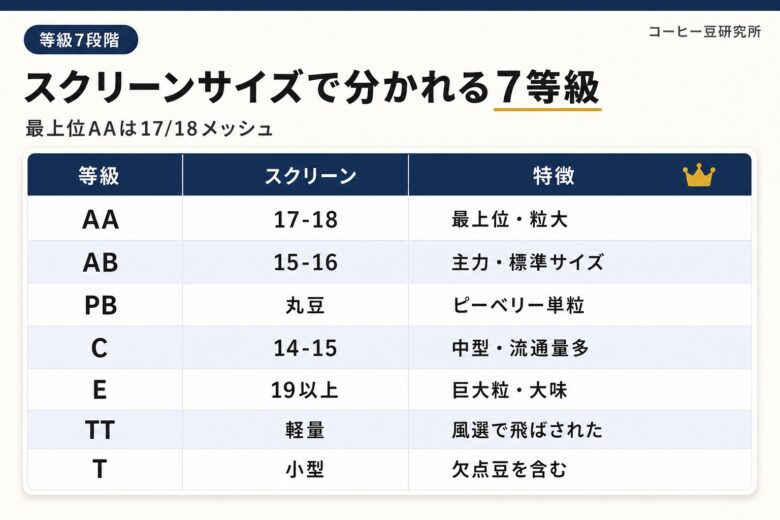 ケニア産コーヒー豆のスクリーンサイズで分かれる7等級
