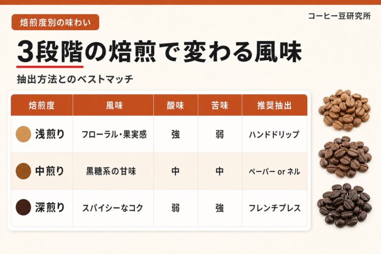 ケニアコーヒーの焙煎度3段階別の味わい比較