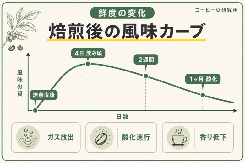 コーヒー豆 焙煎後の鮮度の経時変化 風味カーブ