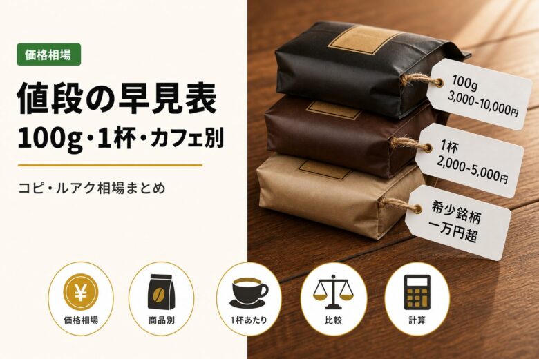 ジャコウネココーヒーの値段早見表（100g・1杯・カフェ別の相場）