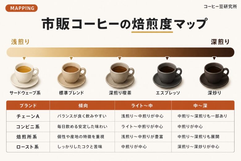 市販コーヒーの焙煎度マッピング