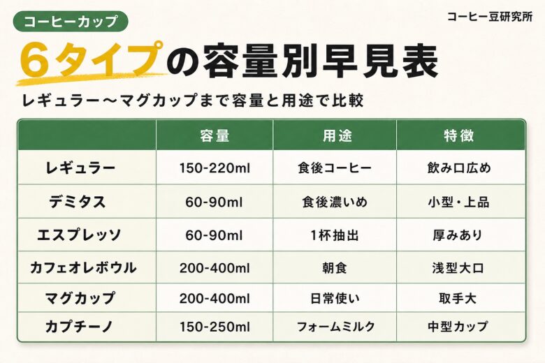 コーヒーカップ 6タイプ容量別早見表 h2画像