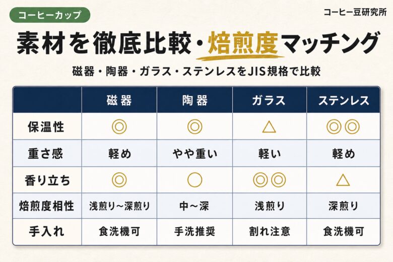 コーヒーカップの素材を徹底比較!JIS規格と焙煎度マッチング