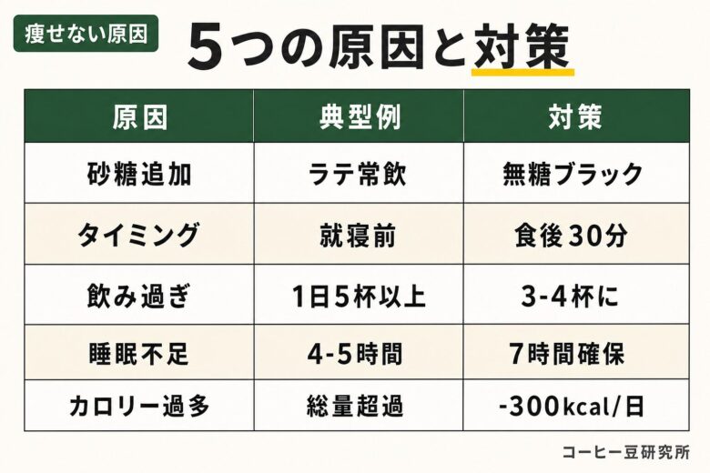 コーヒーダイエットで痩せない5つの原因と対策