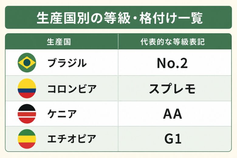 生産国別のコーヒー豆の等級・格付け一覧