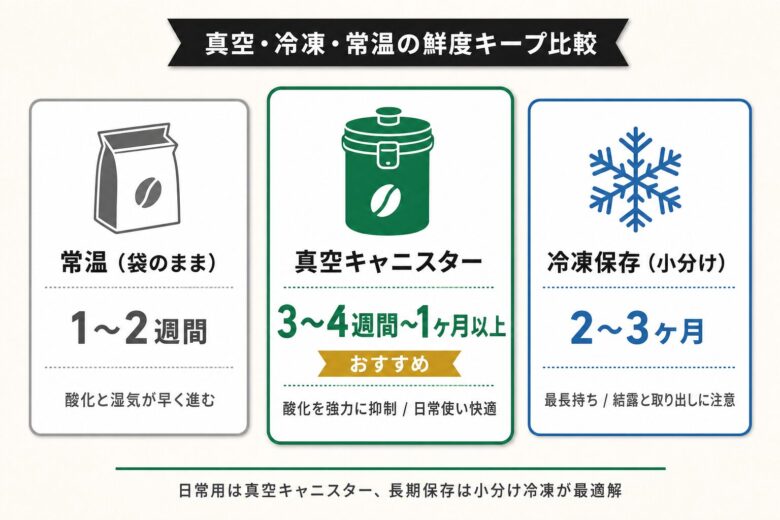 真空・冷凍・常温の鮮度キープ期間比較
