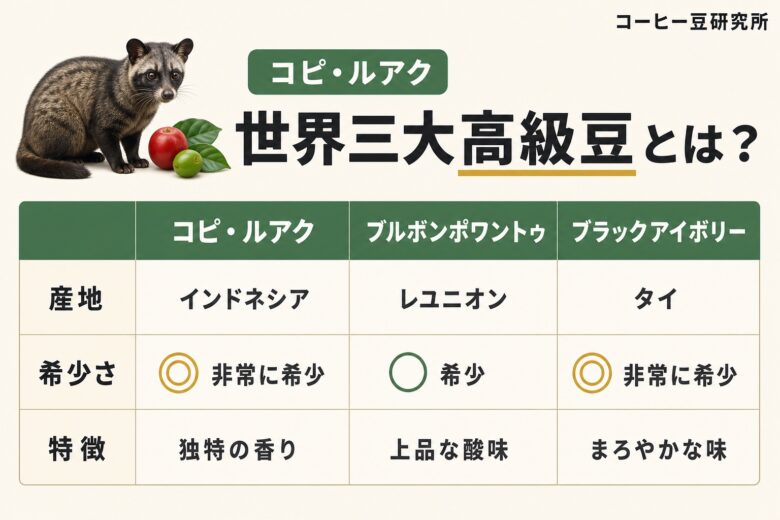 コピ・ルアクとは 世界三大高級豆の比較表