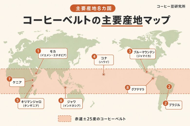 コーヒー豆 産地別8カ国の特徴マップ