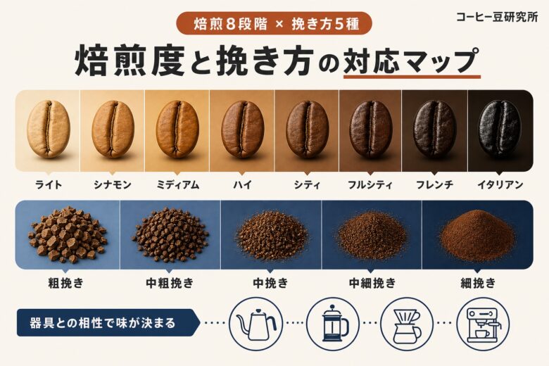 コーヒー豆 焙煎度8段階 挽き方5種 抽出器具対応表