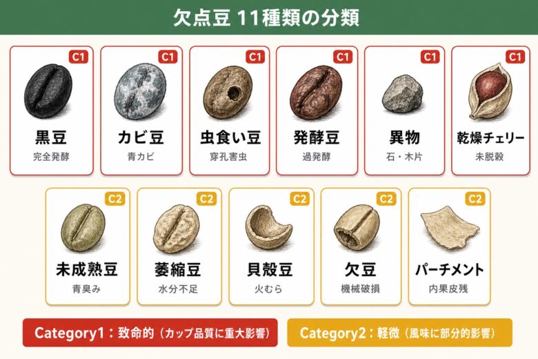 コーヒーの欠点豆11種類Category1とCategory2の分類