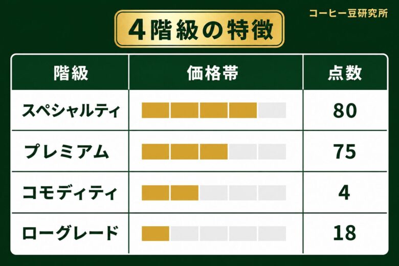 コーヒー豆4階級それぞれの特徴と価格帯の比較