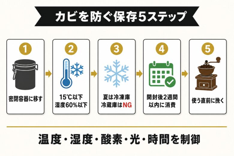 コーヒー豆のカビを生やさない保存方法5ステップ