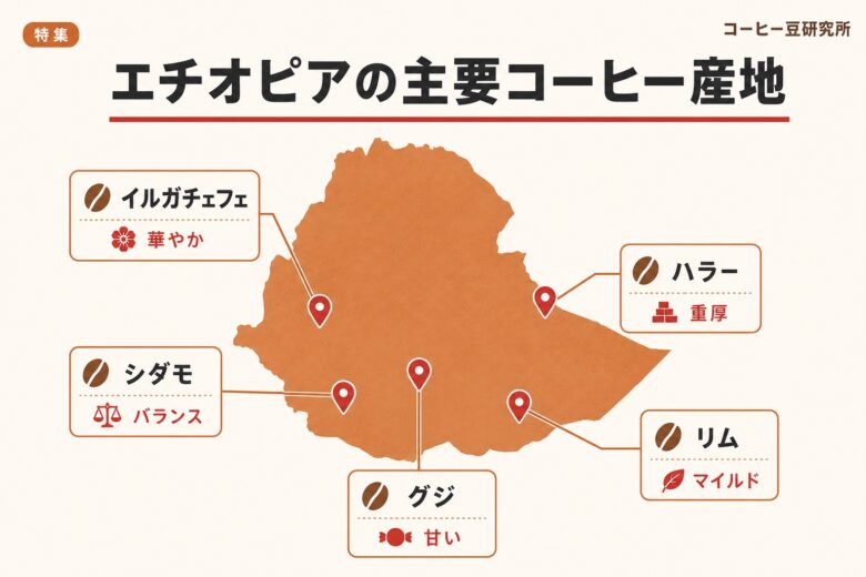 エチオピアの主要コーヒー産地マップ(イルガチェフェ・シダモ・ハラー・グジ・リム)