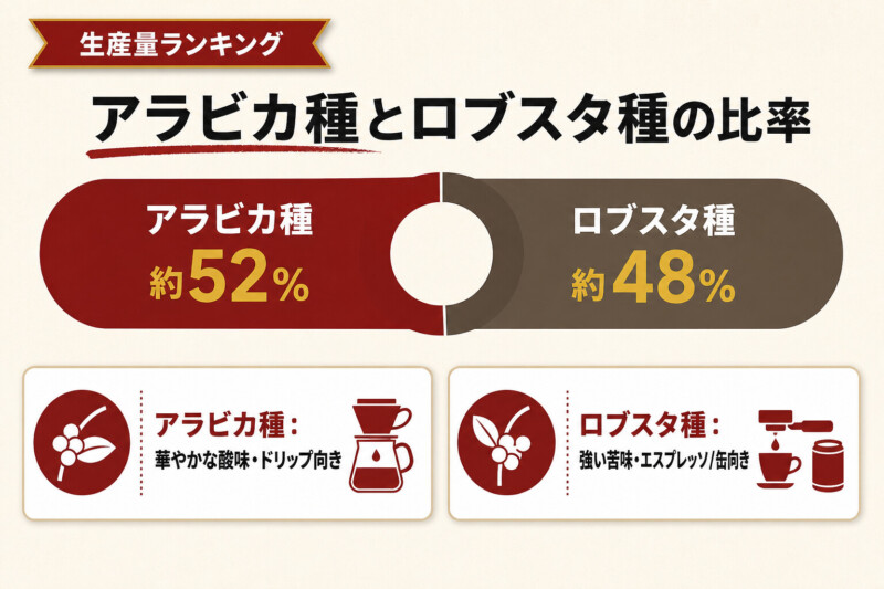 コーヒー豆の品種別生産量：アラビカ種とロブスタ種の比率