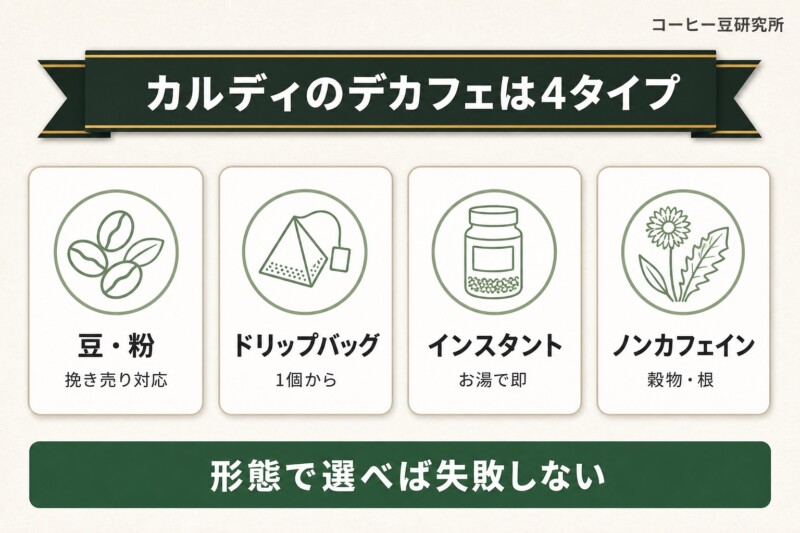 カルディのデカフェコーヒー4タイプの図解
