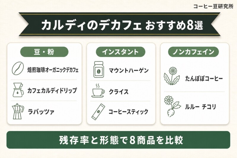 カルディのおすすめデカフェコーヒー8選の比較図