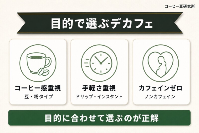 目的別カルディのデカフェコーヒーの選び方まとめ図解