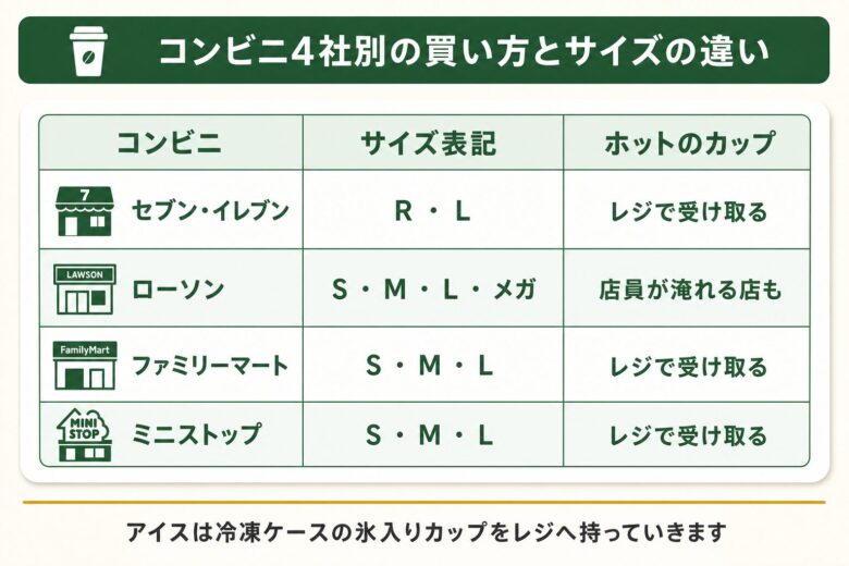 コンビニ4社別の買い方とサイズの違い