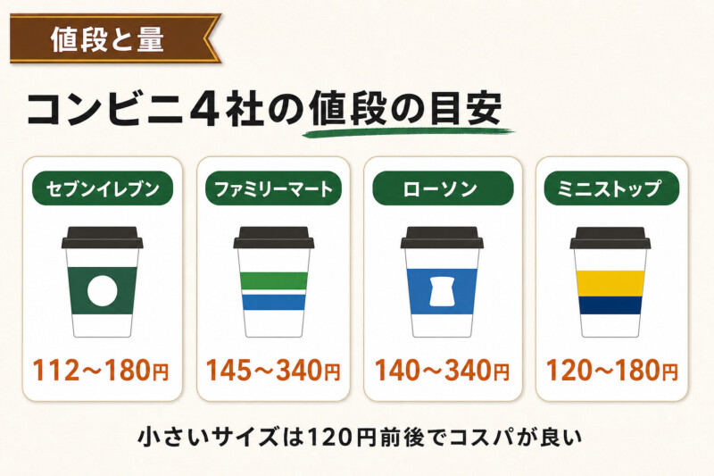 コンビニ4社のアイスコーヒーの値段の目安