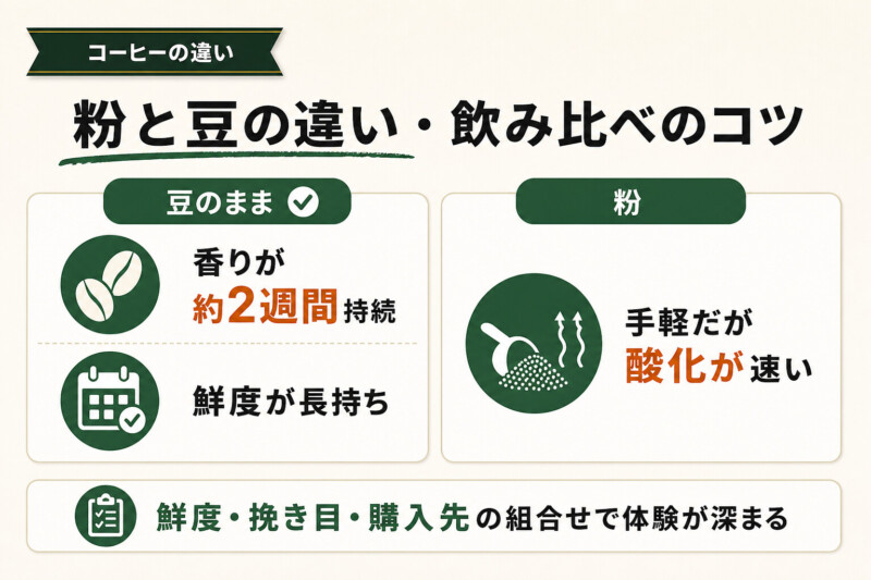 コーヒー粉と豆の違いと購入先別の飲み比べのコツ