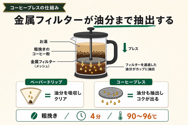 コーヒープレスの仕組み 金属フィルターで油分まで抽出