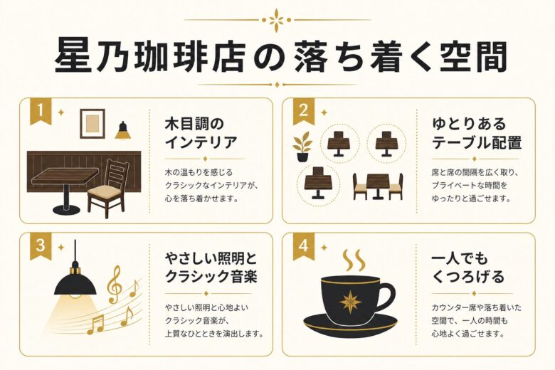 星乃珈琲店の落ち着く店内空間の特徴を示した図